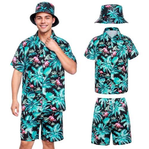 Herren-Hawaiihemd, Flamingo Floral Beach Shirt 3 Stück Set,Hawaiihemd und Shorts und Hut, Personalisiertes Hawaii-Set(Grün) von SERTAS