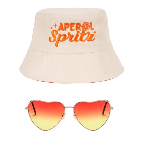 SERTAS Aperol Spritz Fischerhut Anglerhut Und Retro Orange Brillen In Herzform,Aperol Hut Geschenk FüR Aperol Liebhaber Fasching Karneval Cosplay KostüMe Accessoires(Weiß) von SERTAS