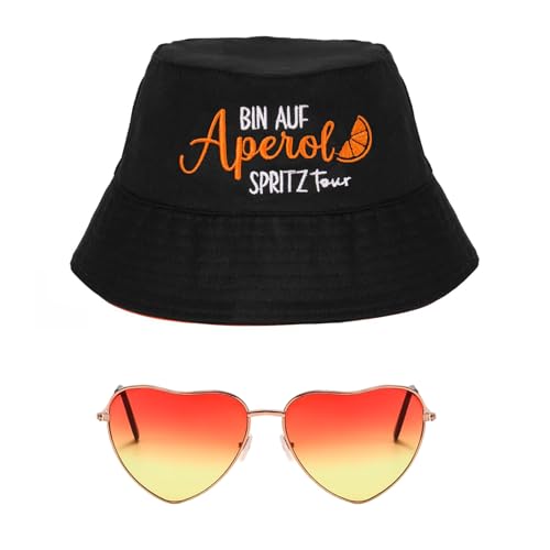 SERTAS Aperol Spritz Fischerhut Anglerhut Und Retro Orange Brillen In Herzform,Aperol Hut Geschenk FüR Aperol Liebhaber Fasching Karneval Cosplay KostüMe Accessoires (Schwarz) von SERTAS