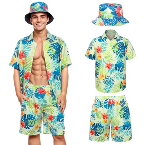 SERTAS Hawaii Hemd Männer, Freizeit Urlaub strandhemd herren, Festival Outfit Herren 3 Stück Set,Hawaiihemd und Shorts und Fischerhut(Grün) von SERTAS
