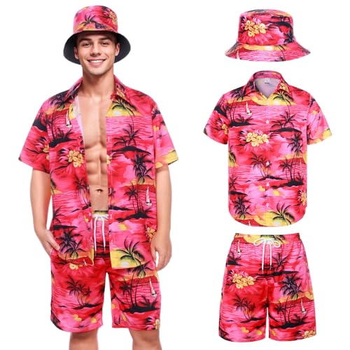 SERTAS Hawaii Hemd Männer, Hawaii Outfit Herren 3 Stück Set,Hawaiihemd und Shorts und Fischerhut,Freizeit Urlaub Strand Hemd Set (Rot) von SERTAS