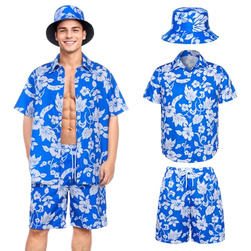 SERTAS Hawaii Hemd Männer, Hawaii Outfit Herren 3 Stück Set,Hawaiihemd und Shorts und Fischerhut,Freizeit Urlaub strand Hemd Set von SERTAS