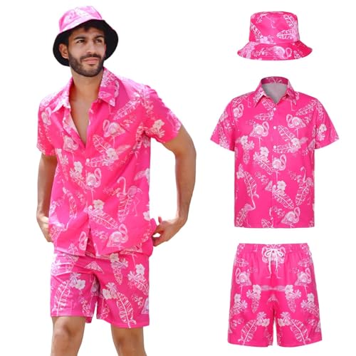 SERTAS Hawaii Hemd Männer,3 Pcs Hawaii Outfit Herren mit Flamingo Hemd Shorts Fischerhut,Freizeit Festival Outfit Herren Flamingo Hemdn Set (Rosa) von SERTAS