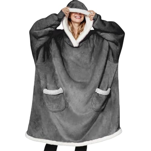 SERTAS Übergroße Hoodie Decke Hoodie Sweatshirt Hoodie Damen Oversize Super Weicher Bequemer Warme Flanell Oversized Hoodie Blanket Hoodie Einheitsgröße für Erwachsene Grau von SERTAS