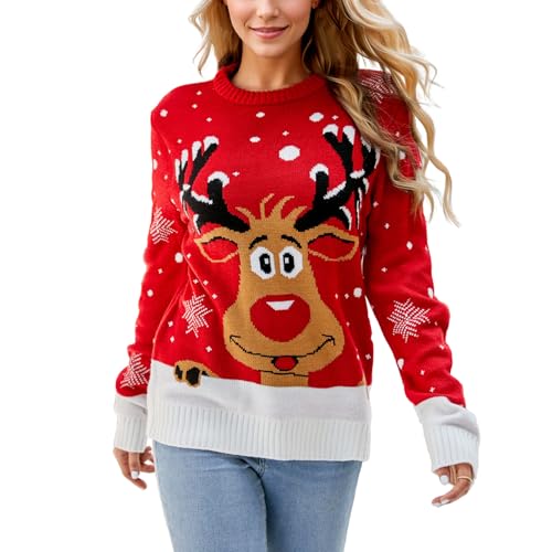 SERTAS Weihnachtspullover Damen Ugly Christmas Sweater Weihnachtspulli Damen Lustige Elch Muster Casual Rundhals Weihnachts Pullover Rot 2 von SERTAS
