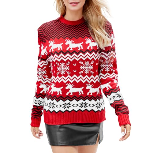 SERTAS Weihnachtspullover Damen Ugly Christmas Sweater Weihnachtspulli Damen Lustige Elch Muster Casual Rundhals Weihnachts Pullover Rot 3 von SERTAS