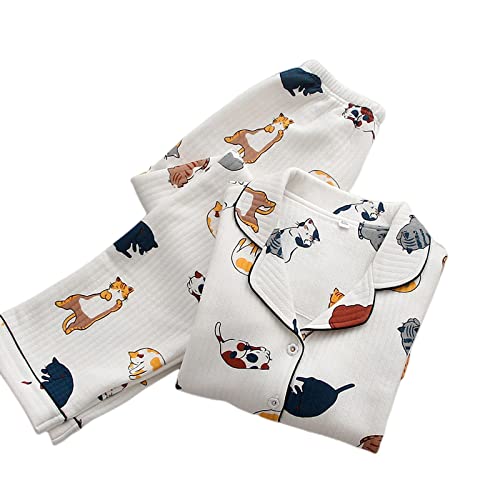 SERUMY Damen Schlafanzug Dicker Warm Winter Pyjama für Frauen Baumwolle Heimanzug Cartoon Katze Bedruckte Nachtwäsche Damen 2 Stück Langarm Homewear Set - Weiß, M von SERUMY