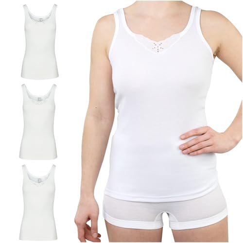 SES Top mit Spitze Damen 3er-Pack Weiß 50 aus 100% Baumwolle/Damen Unterhemden mit Spitze & weicher Feinripp-Qualität/Trägertop mit Spitze als Basic Top oder Unterhemd mit Spitze Damen von SES