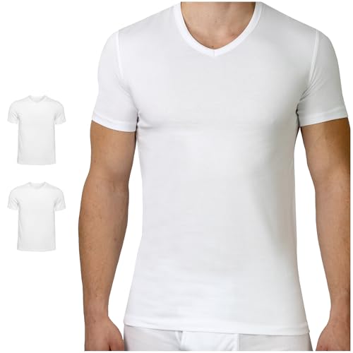 SES 2er Pack Herren Unterhemden mit V-Ausschnitt Weiß S/Basic Tshirt Herren aus 95% Baumwolle & 5% Eleastan/hochwertiges Herren T-Shirt & Business Unterhemd Herren weiß Kurzarm von SES