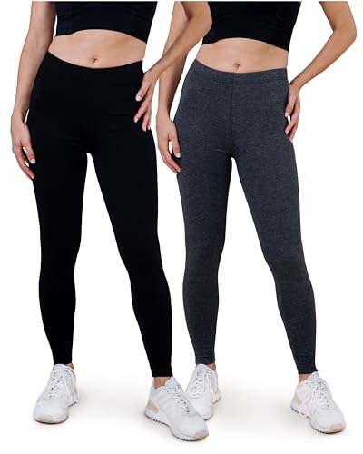 SES blickdichte Leggings Damen Baumwolle 2er Pack 32-34 schwarz/anthrazit meliert - Baumwoll Leggings Damen lang mit Perfekter Passform & Komfort für vielfältige Looks von SES