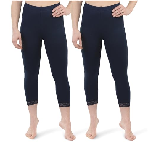 SES Capri Leggings mit Spitze 40-42 Marine 2er Pack aus Baumwolle/blickdichte Leggins mit Spitze/elastische Damen Leggins 3/4 lang Baumwolle/Leggings Damen mit Spitze mit Perfekter Passform von SES