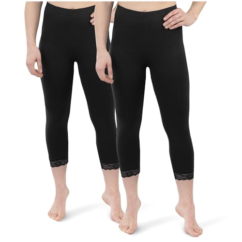 SES Capri Leggings mit Spitze 40-42 schwarz 2er Pack aus Baumwolle/blickdichte Leggins mit Spitze/elastische Damen Leggins 3/4 lang Baumwolle/Leggings Damen mit Spitze mit Perfekter Passform von SES