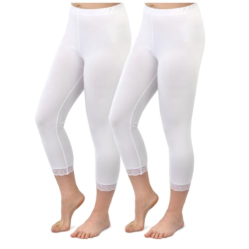 SES Capri Leggings mit Spitze 40-42 weiß 2er Pack aus Baumwolle/blickdichte Leggins mit Spitze/elastische Damen Leggins 3/4 lang Baumwolle/Leggings Damen mit Spitze mit Perfekter Passform von SES