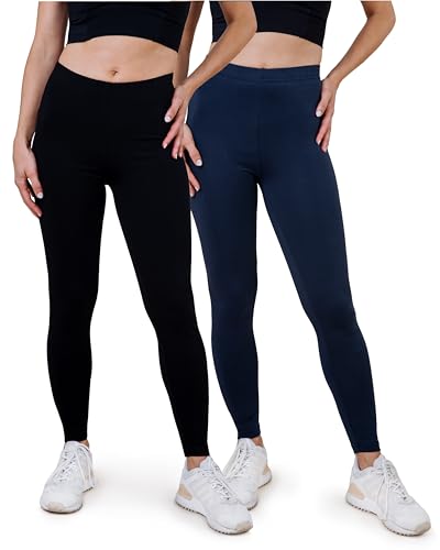 SES blickdichte Leggings Damen Baumwolle 2er Pack 44-46 schwarz/Navy Blue - Baumwoll Leggings Damen lang mit Perfekter Passform & Komfort für vielfältige Looks von SES