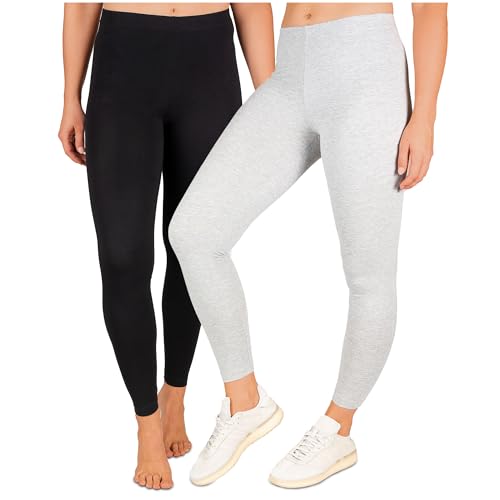 SES blickdichte Leggings Damen Baumwolle 2er Pack Größe 48-50 schwarz/grau meliert - Baumwoll Leggings Damen lang mit Perfekter Passform & Komfort für vielfältige Looks von SES