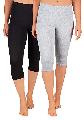 SES Capri Leggings Damen Schwarz/Grau meliert (40/42) 2er Pack aus Baumwolle/blickdichte Damen Capri-Leggings/elastische Damen Leggins 3/4 lang Baumwolle/Damen Capri Leggings von SES