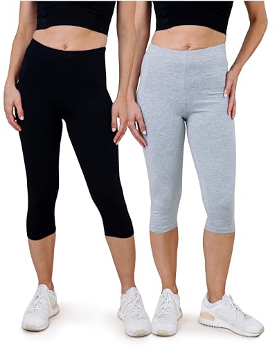 SES Capri Leggings Damen Schwarz/Grau meliert (48/50) 2er Pack aus Baumwolle/blickdichte Damen Capri-Leggings/elastische Damen Leggins 3/4 lang Baumwolle/Damen Capri Leggings von SES