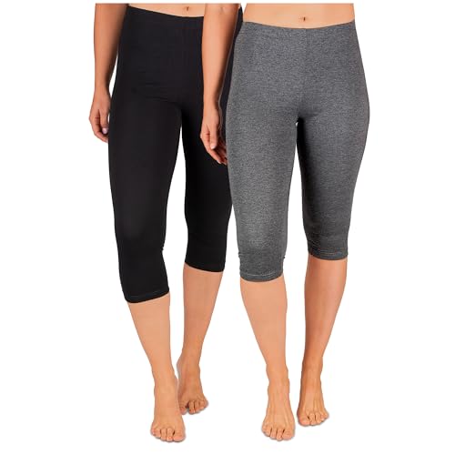 SES Capri Leggings Damen Schwarz/Anthrazit meliert (32/34) 2er Pack aus Baumwolle/blickdichte Damen Capri-Leggings/elastische Damen Leggins 3/4 lang Baumwolle/Damen Capri Leggings von SES