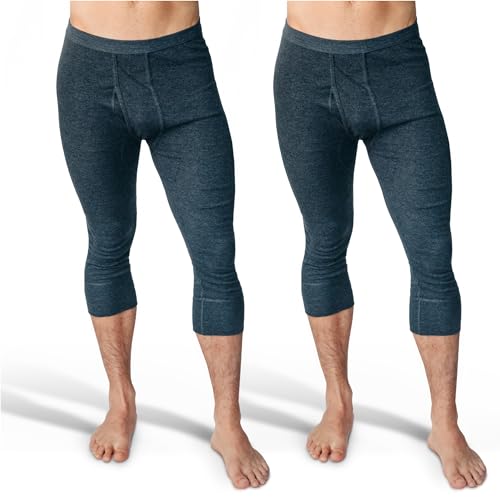 SES 3/4 Lange Unterhosen Herren Feinripp 2er Pack XXL mit Eingriff & Weichbund aus Baumwolle/Bequeme Unterhosen Männer lang/grau meliert Herren Unterhosen langes Bein von SES