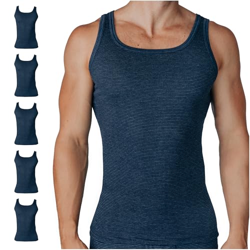 SES Ringel Feinripp Unterhemd Herren S Jeans Marine - 100% Baumwolle 5er Pack - Weiche & Atmungsaktive Achselhemden - Körpernahe Passform von SES