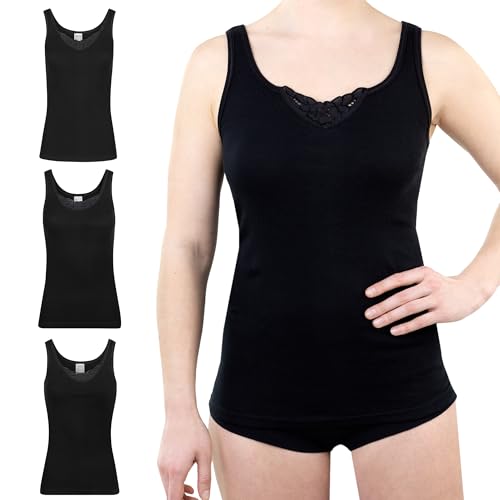 SES Top Mit Spitze Damen 3er-Pack Schwarz 42 Aus 100% Baumwolle - Unterhemd Mit Weicher Feinripp-Qualität - Trägertop Als Basic Top Oder Unterhemd von SES