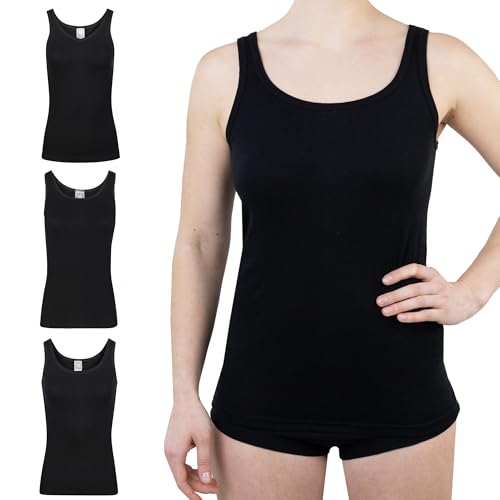 SES Damen Tank Top 3er-Pack Schwarz 52 Baumwolle Ärmellos Rundhalsausschnitt V-Ausschnitt Mäusezähnchenborte Pull-On Lockere Passform Sommer Casual Praktisch Imported von SES