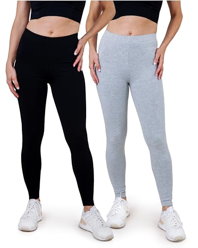 SES blickdichte Leggings Damen Baumwolle 2er Pack 56-58 schwarz/grau meliert - Baumwoll Leggings Damen lang mit Perfekter Passform & Komfort für vielfältige Looks von SES