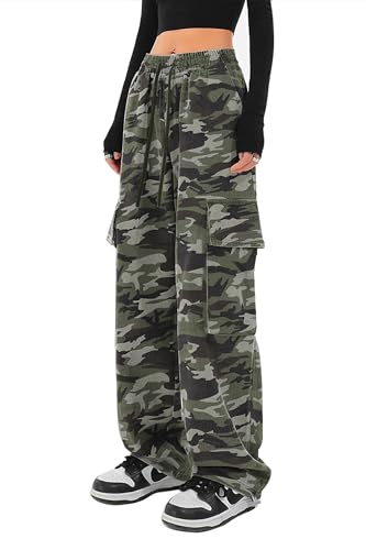 SESERAGI Cargohose für Damen, Baggy, Streetwear, Y2K, Kordelzug, weites Bein, D-Schwarz / Grau, S von SESERAGI