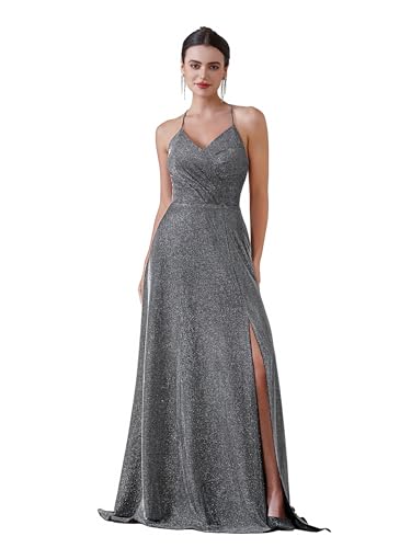 SESSRYMNIR Damen Lang Schimmer Spaghettiträger Rückenfrei Hoher Schlitz V-Ausschnitt A-Linie Elegant Formal Wrap Ballkleid Abendkleid, GRAU, 36-38 SESSRYMNIR Damen Lang Schimmer Spaghettiträger Rückenfrei Hoher Schlitz V-Ausschnitt A-Linie Elegant Formal Wrap Ballkleid Abendkleid, GRAU, 36-38 von SESSRYMNIR