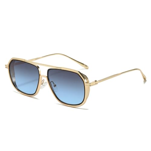 SETNGB 2025 Modische Sonnenbrille mit quadratischem Rahmen für Damen, Retro-Sonnenbrille im Punk-Stil zum Einkaufen und Autofahren, UV-Schutz, Goldgraublau, 140 x 154 x 47 mm von SETNGB