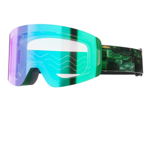 Stilvolle, farbwechselnde, beschlagfreie, magnetische Weitfeld-Skibrille für Herren und Damen zum Schneewandern und Bergsteigen im Freien mit Wind- und UV-Schutz,Transparent wird grün,185*148*100 von SETNGB
