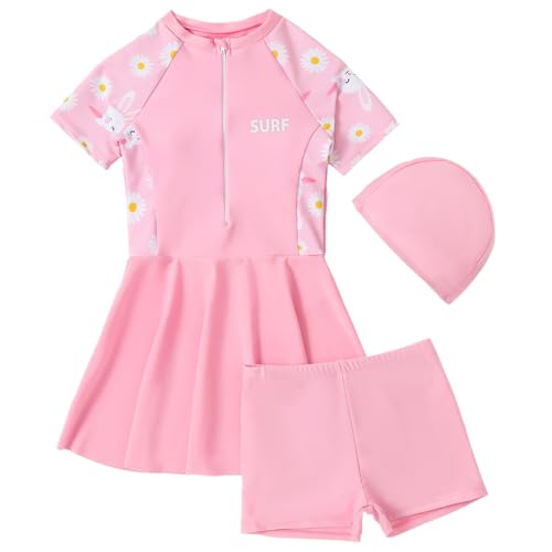 Badeanzug Kleid Einteiler Mädchen Bademode Kleider Baby 1-Teiliger Schwimmanzug Rock EIN stück Kurzarm Sommer Blume Rosa Badebekleidung Strandmode 10-11 Jahre von SEVEN BB