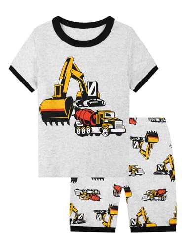 SEVEN BB Jungen Schlafanzug Kurzarm Bagger Pyjama Set Kinder Sommer Baumwolle Zweiteiliger Nachtwäsche Outfit 128 von SEVEN BB