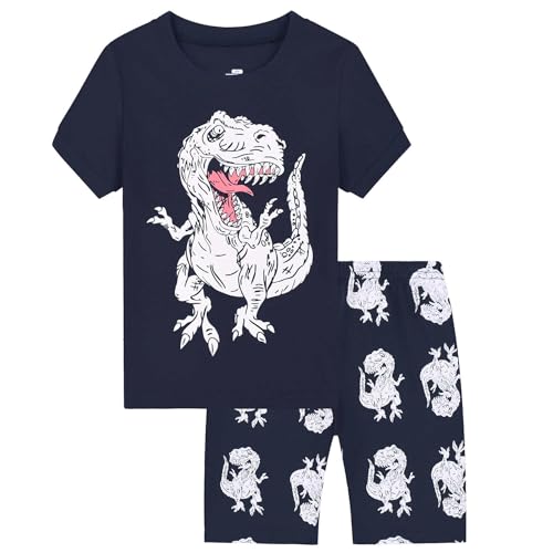 SEVEN BB Jungen Schlafanzug Kurzarm Dinosaurier Pyjama Set Kinder Sommer Baumwolle Zweiteiliger Nachtwäsche Outfit 134 von SEVEN BB