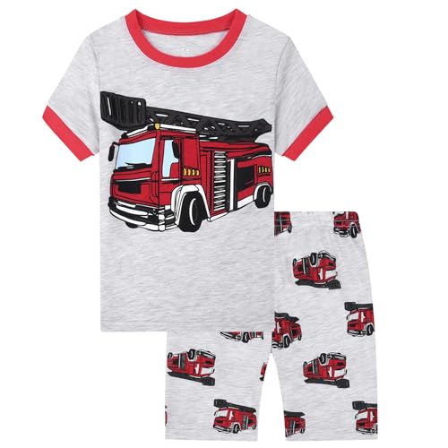 SEVEN BB Jungen Schlafanzug Kurzarm Feuerwehrwagen Pyjama Set Kinder Sommer Baumwolle Zweiteiliger Nachtwäsche Outfit 134 von SEVEN BB