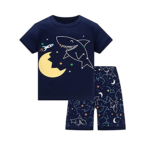 SEVEN BB Jungen Schlafanzug Kurzarm Hai Mond Pyjama Set Kinder Sommer Baumwolle Zweiteiliger Nachtwäsche Outfit 98 von SEVEN BB