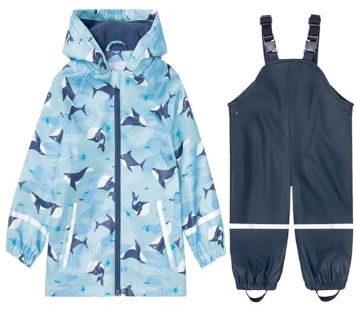 SEVEN BB Kinder Regenjacke Regenhose Jungen PU Regenlatzhose Regenjacken Mädchen Wind- und Wasserdicht Bundhose Zweiteiliger Regenanzug Set, Fleecefutter Hai 18 Monate-2 Jahre von SEVEN BB