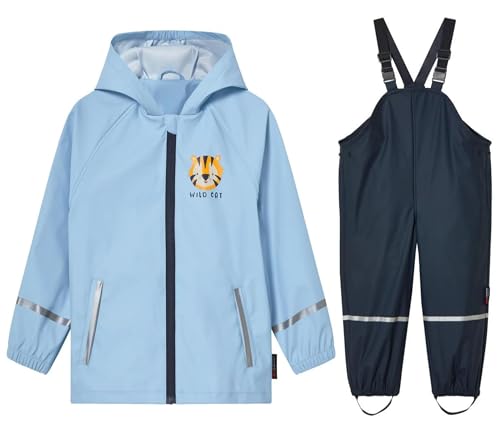 SEVEN BB Kinder Regenjacke Regenhose Jungen PU Regenlatzhose Regenjacken Mädchen Wind- und Wasserdicht Bundhose Zweiteiliger Regenanzug Set, Katze Blau 5-6 Jahre von SEVEN BB