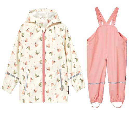 SEVEN BB Kinder Regenjacke Regenhose Jungen PU Regenlatzhose Regenjacken Mädchen Wind- und Wasserdicht Bundhose Zweiteiliger Regenanzug Set, Schmetterling Beige 3-4 Jahre von SEVEN BB