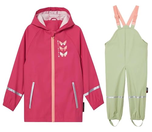 SEVEN BB Kinder Regenjacke Regenhose Jungen PU Regenlatzhose Regenjacken Mädchen Wind- und Wasserdicht Bundhose Zweiteiliger Regenanzug Set, Schmetterling Grün 3-4 Jahre von SEVEN BB