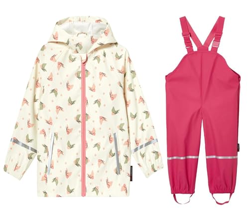 SEVEN BB Kinder Regenjacke Regenhose Jungen PU Regenlatzhose Regenjacken Mädchen Wind- und Wasserdicht Bundhose Zweiteiliger Regenanzug Set, Schmetterling Rot 3-4 Jahre von SEVEN BB