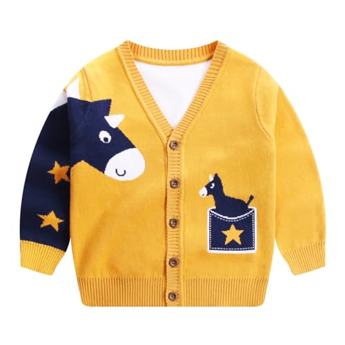 SEVEN BB Pullover Jungen Weihnachten Strickpullover Kinder Langarm V-Ausschnitt Sweater Winter Baby Warm Pferd Strickjacke 92, Gelb von SEVEN BB