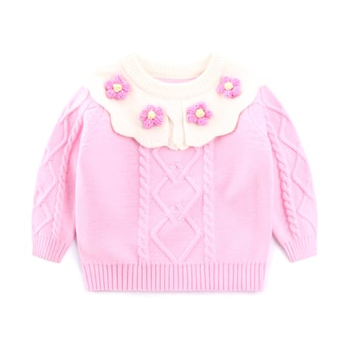 SEVEN BB Pullover Mädchen Weihnachten Strickpullover Kinder Langarm Rundhals Ausschnitt Sweater Winter Baby Warm Blumen Strickpulli 122, Rosa von SEVEN BB