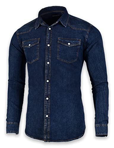 SEVEN EAGLE Herren Langarm-Denim-Hemd mit Zwei Taschen und Druckknöpfen… (XXL, Blau) von SEVEN EAGLE