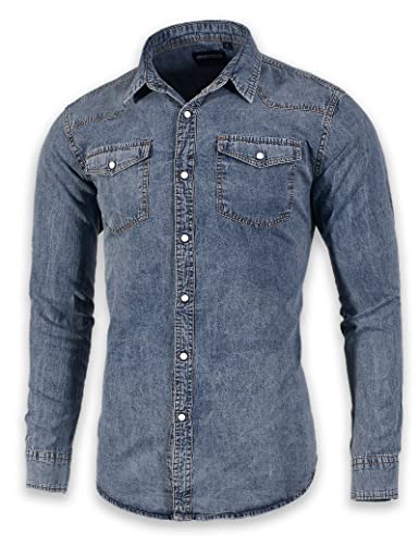 SEVEN EAGLE Langärmliges Demin-Hemd mit Zwei Taschen und Druckknöpfen für Herren(XXL,Indigo Vintage) von SEVEN EAGLE