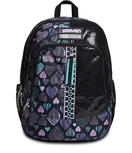 SEVEN Rucksack Advanced, Backpack für Schule, Uni & Freizeit, Geräumige Schultasche für Teenager, Mädchen, Jungen, Gepolsterter Schulranzen; Patchy Heart Girl, mehrfarbig, mit Laptopfach von Seven