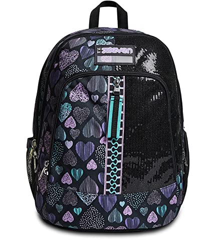 Seven Rucksack Advanced, Backpack für Schule, Uni & Freizeit, Geräumige Schultasche für Teenager, Mädchen, Jungen, Gepolsterter Schulranzen; Patchy Heart Girl, mehrfarbig, mit Laptopfach von Seven