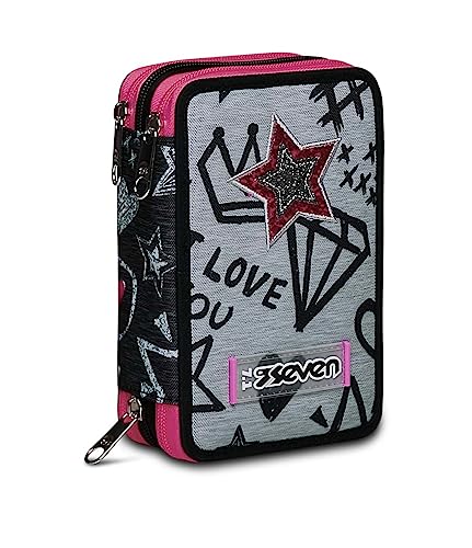 Seven Federmäppchen, Mäppchen, Mehrfarbig, Federtasche für Schreibwaren, Etui komplett mit Bleistiften, Filzstiften, Schulmaterial, mit 3 Fächern, Mädchen, Schule - Grundschule, XXL Love rosa grau von Seven