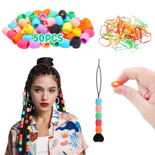 SEVENKA Silikon-Haarperlen-Set für Mädchen, 9 x 15 mm, bunt, weiche Silikon-Haarperlen für Zöpfe für Mädchen, 2 Kunststoff-Schnellperlen für Haarzöpfe, 50 elastische Gummibänder, 50 Stück SEVENKA Silikon-Haarperlen-Set für Mädchen, 9 x 15 mm, bunt, weiche Silikon-Haarperlen für Zöpfe für Mädchen, 2 Kunststoff-Schnellperlen für Haarzöpfe, 50 elastische Gummibänder, 50 Stück von SEVENKA