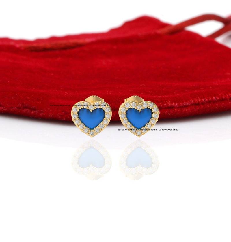 Massive 14K Gold Türkis Und Diamant Herz Ohrstecker, 7 Mm Pave Edelstein Ohrstecke von SEVENTYSEVENJEWELRY